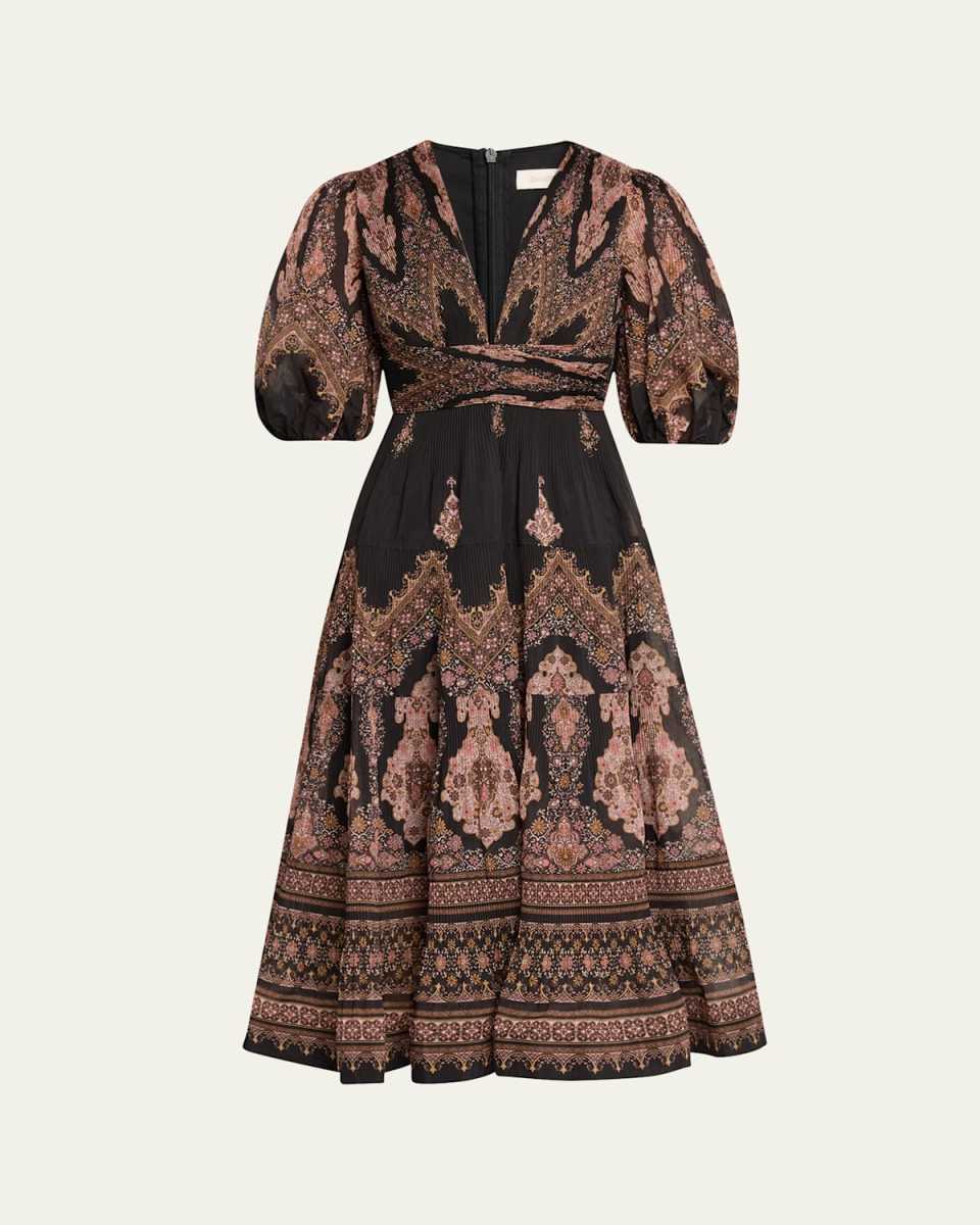 Pleated Puff-Sleeve Midi Dress